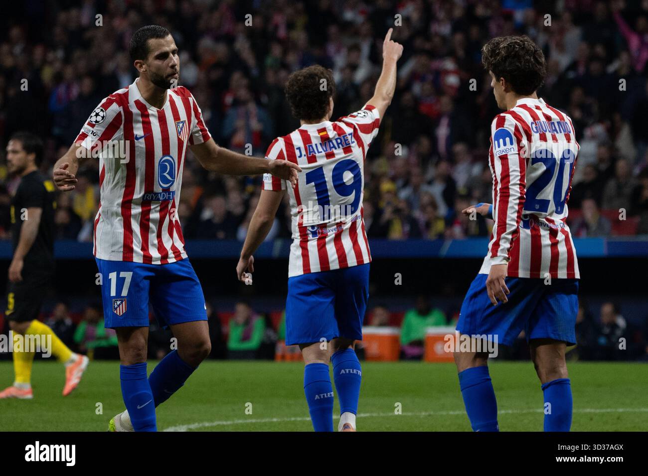 Madrid, Spain. 04th Nov, 2025. Julian Alvarez, Atletico de Madrid, gestures during the UEFA Champions League football match between Atlético de Madrid and Royale Union Saint-Gilloise at the Metropolitano Stadium. Final score: Atlético de Madrid 3-1 Royale Union Saint-Gilloise Credit: SOPA Images Limited/Alamy Live News Stock Photo