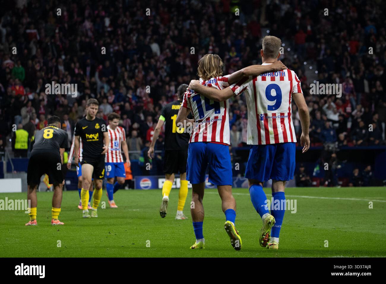 Madrid, Spain. 04th Nov, 2025. Marcos Llorente (L) and Alexander Sørloth (R), Atlético de Madrid, celebrate a goal during the UEFA Champions League football match between Atlético de Madrid and Royale Union Saint-Gilloise at the Metropolitano Stadium. Final score: Atlético de Madrid 3-1 Royale Union Saint-Gilloise Credit: SOPA Images Limited/Alamy Live News Stock Photo