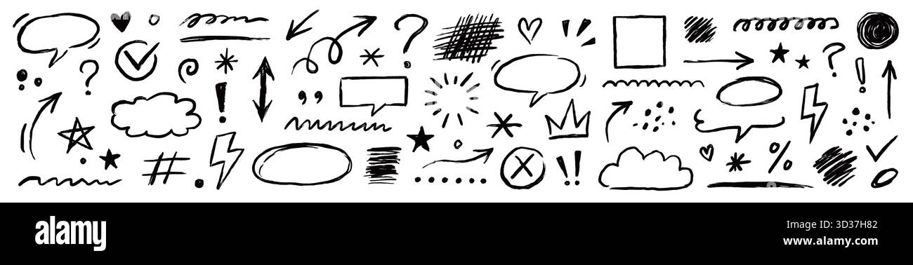 Line arrow, frame, underline sketch elements set. Hand drawn crayon ...
