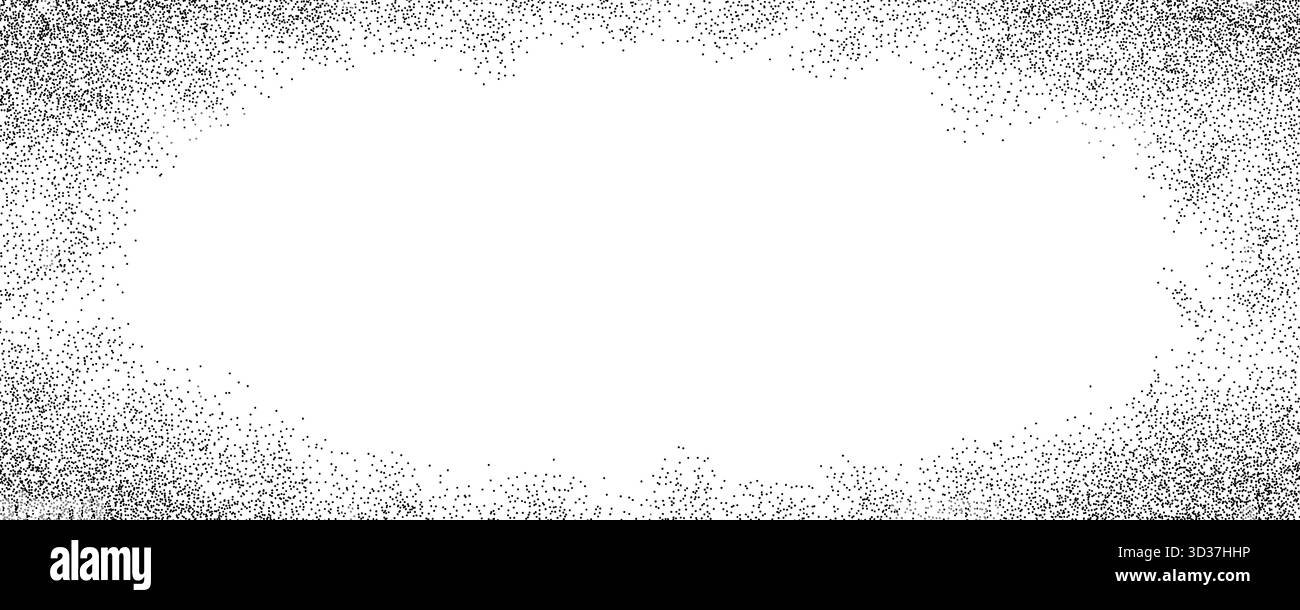 Sand grain gradient texture. Fading sprayed dot frame background. Stippled radial border overlay. Grange dotted noise pattern wallpaper with zoom effect. Vector vignette grainy halfton patern backdrop Stock Vector