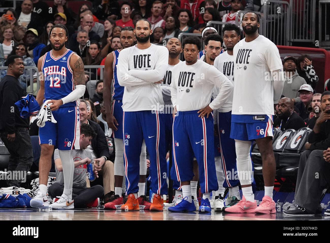 76ers Players Watch Teammates During The Second Half Of An 76ers Players Watch Teammates During The Second Half Of An Nba Basketball Game Against The Chicago Bulls In Chicago Tuesday Nov 4 2025 Ap Photonam Y Huh 3D37HKD 