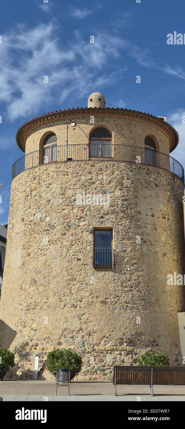 17th Century stone watchtower by the harbour in Cambrils, Tarragona, Costa Dorada, Catalonia, Spain, Europe. - Smartphone Captured Stock Image