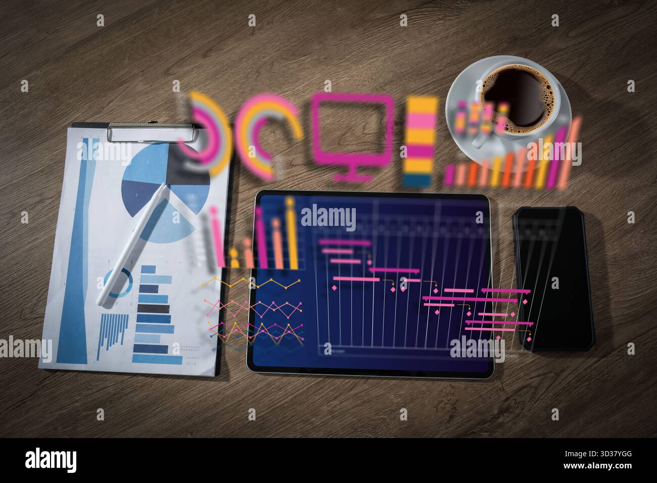 Modern data analysis dashboard on tablet data chart, analytics icons ...
