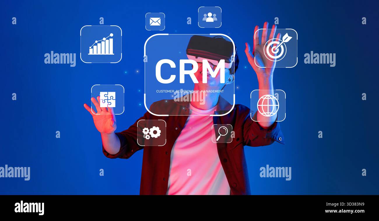 A captivating virtual reality setting showcasing customer relationship management concepts, featuring engaging data visualization and interactive Stock Photo