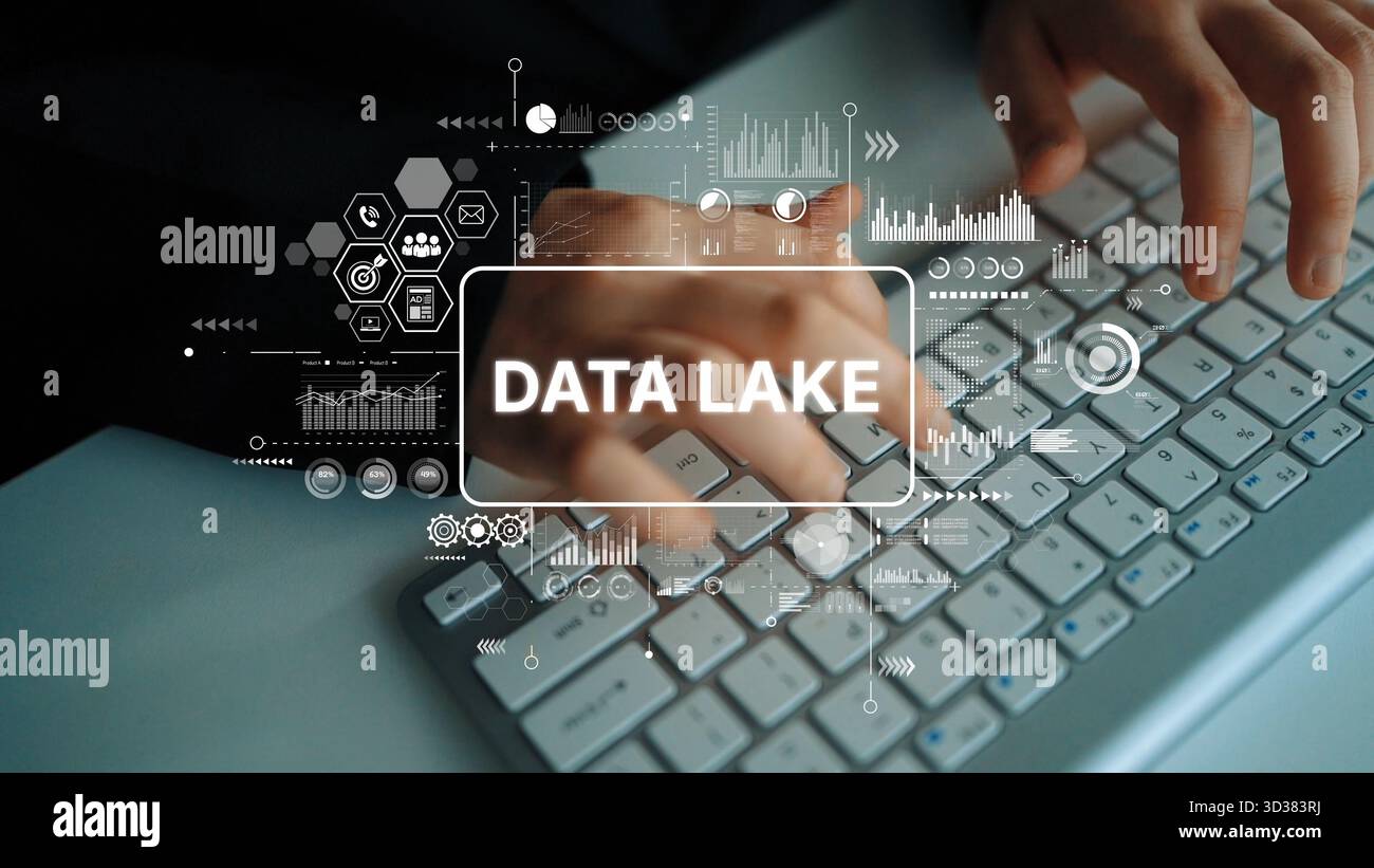 Hands Typing on Keyboard with Data Lake Concept and Digital Graphs Representing Big Data Analysis and Visualization. Asymptotic smart data analytic. Stock Photo