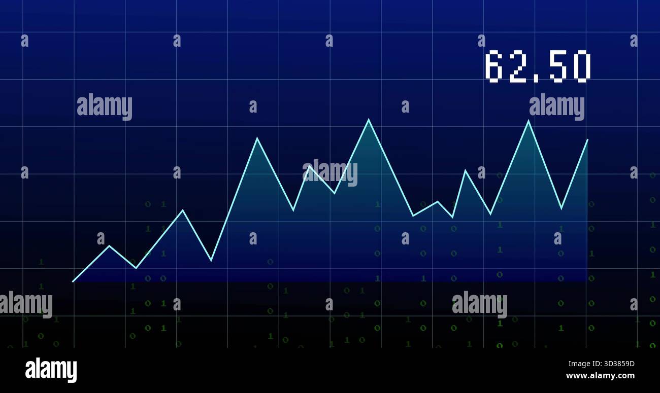 Displaying cyan line zigzagging across computer screen grid, with binary overlays and 62 Stock Photo
