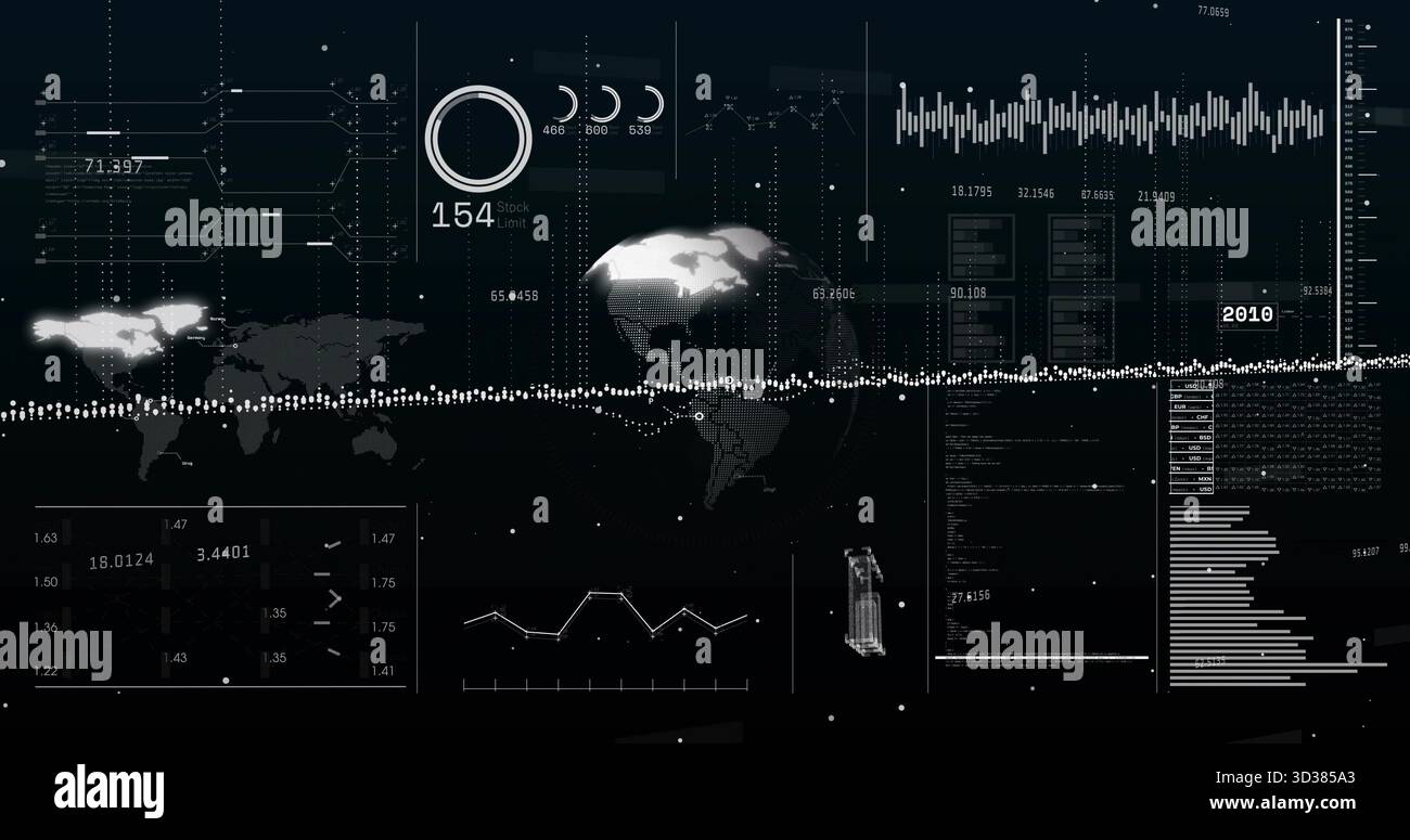 Displaying futuristic data dashboard interface in digital control panel ...