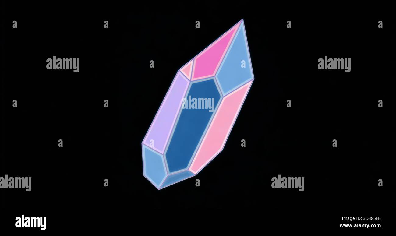 Floating multi-faceted crystal drifting in black void, with glowing pink blue purple facets Stock Photo
