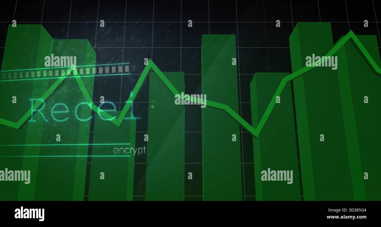 Displaying green bars rising on dark grid dashboard, with faint cyan ...