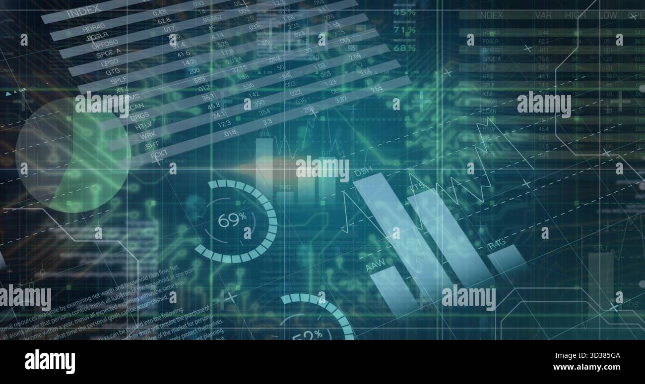 Displaying central data visualization in futuristic control room, with bar graphs and gauges Stock Photo