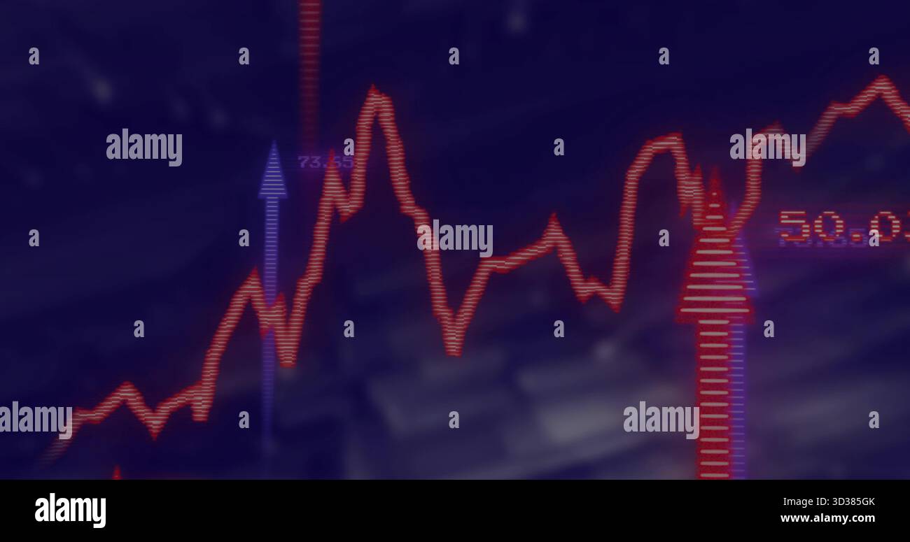 Displaying red fluctuating graph on digital screen, with purple arrow 73 Stock Photo