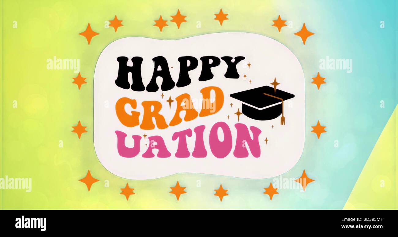 Curvy white banner displaying HAPPY GRADUATION text and cap in digital ...