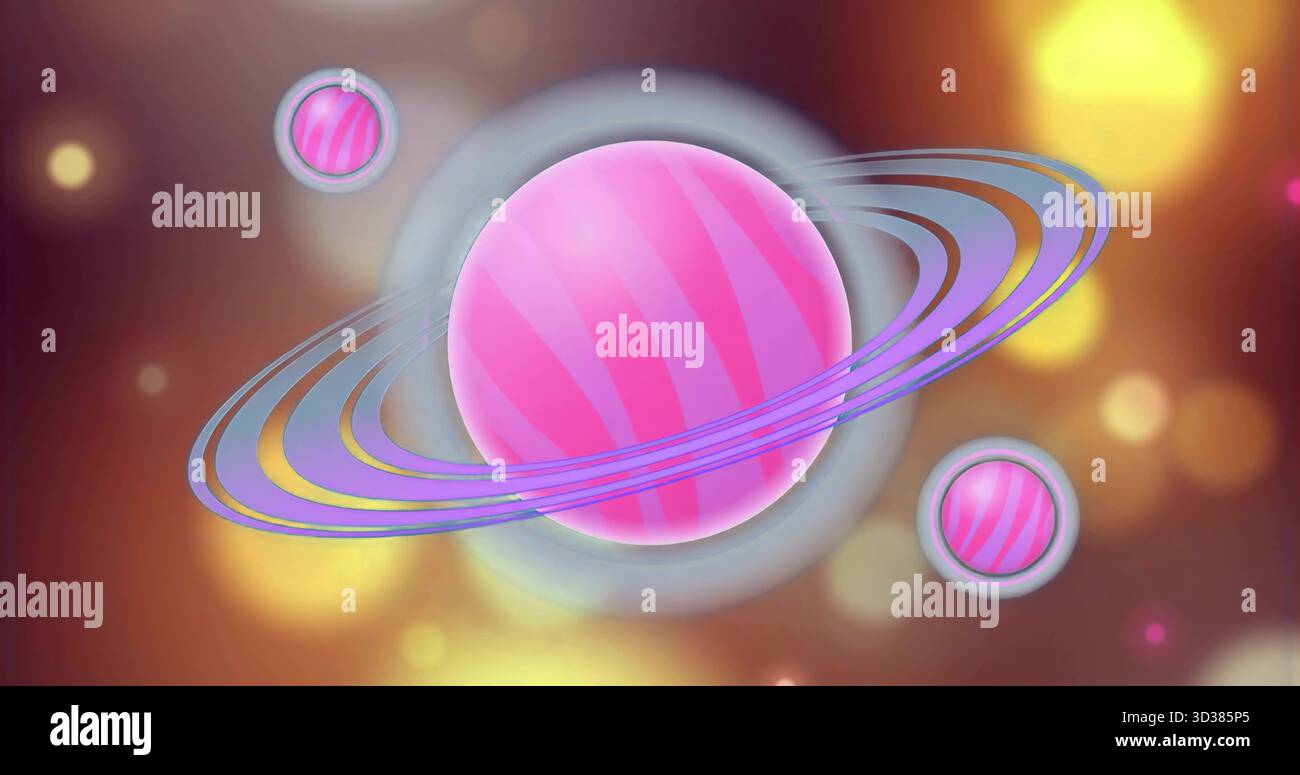 Featuring pink-striped planet rotating with purple rings in glowing space and smaller pink moons Stock Photo