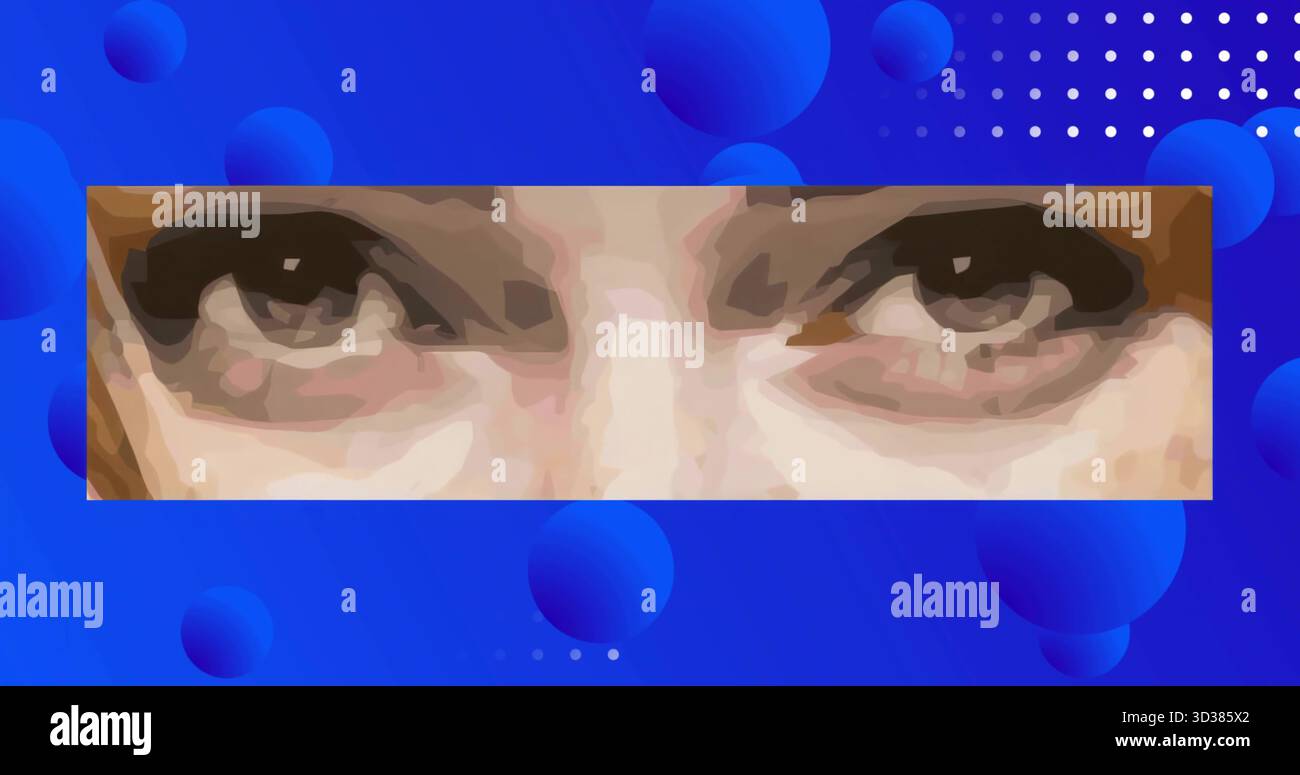 Featuring pixelated human eyes floating in gradient interface, with blue orbs and dotted grid Stock Photo