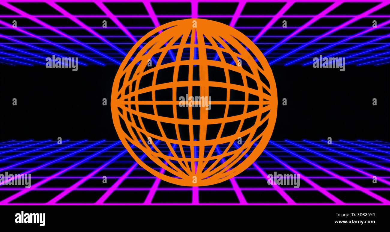 Floating large orange wireframe sphere rotating in virtual 3D environment, with neon grid lines Stock Photo