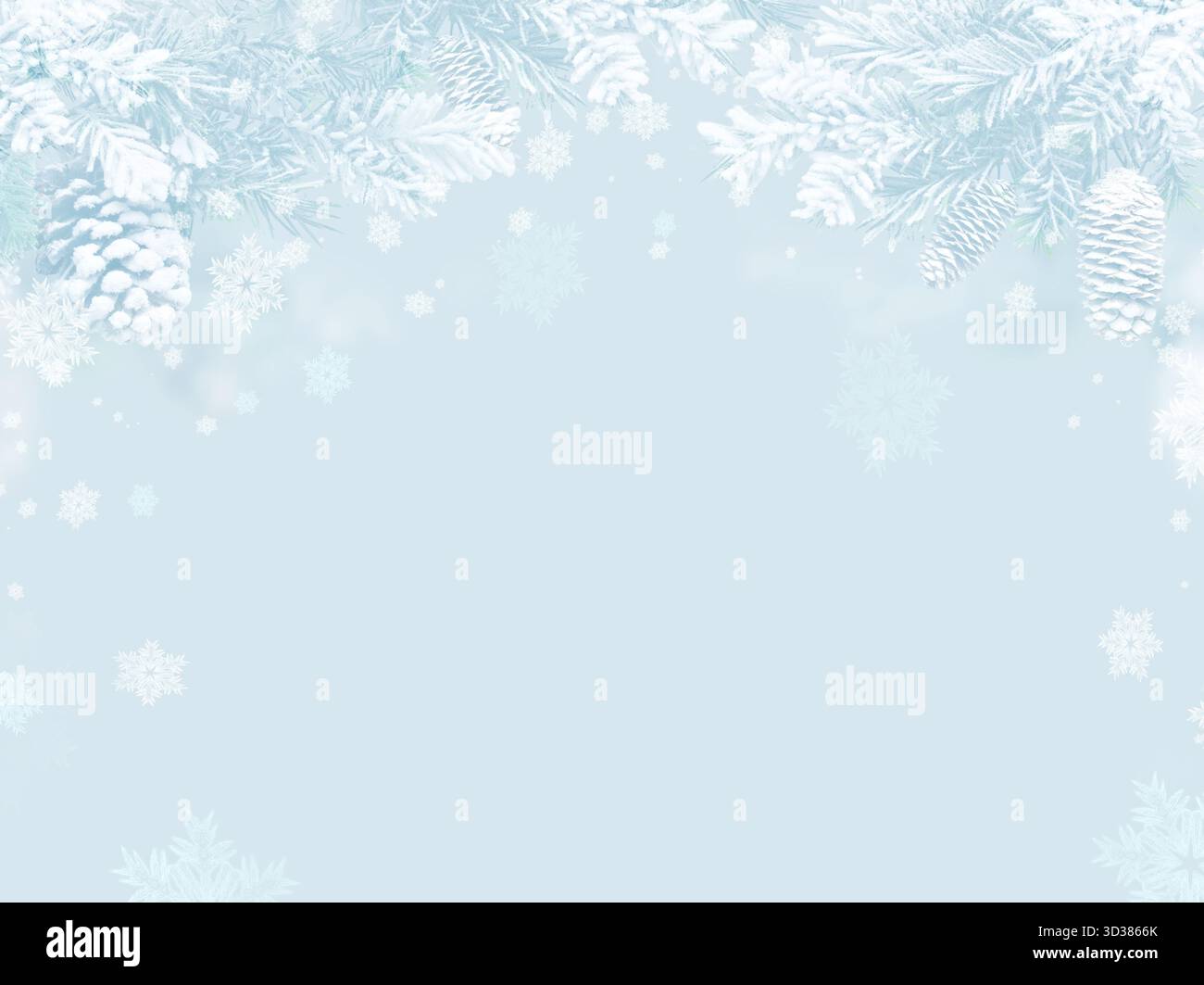 Snowy Pine Frame with Light Blue Winter Background Stock Photo