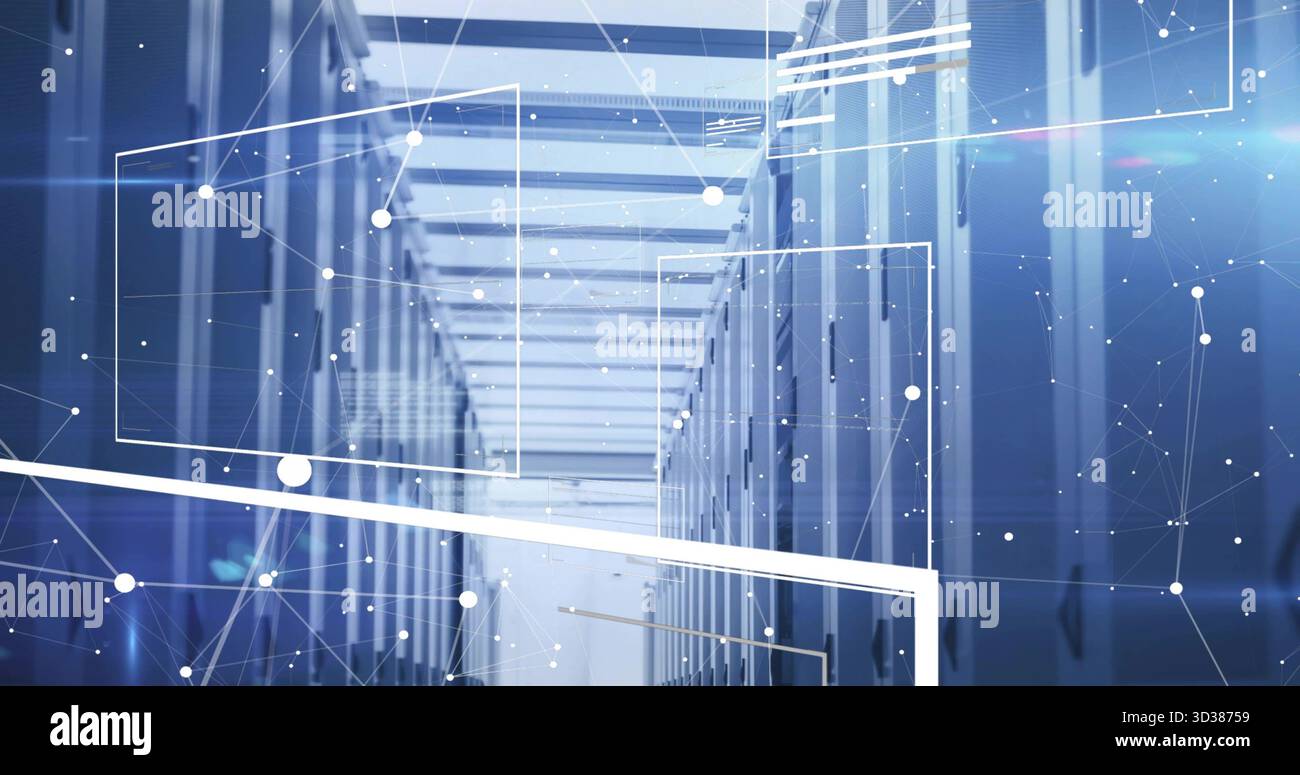 Revealing data center corridor displaying server racks under abstract network node graphics Stock Photo
