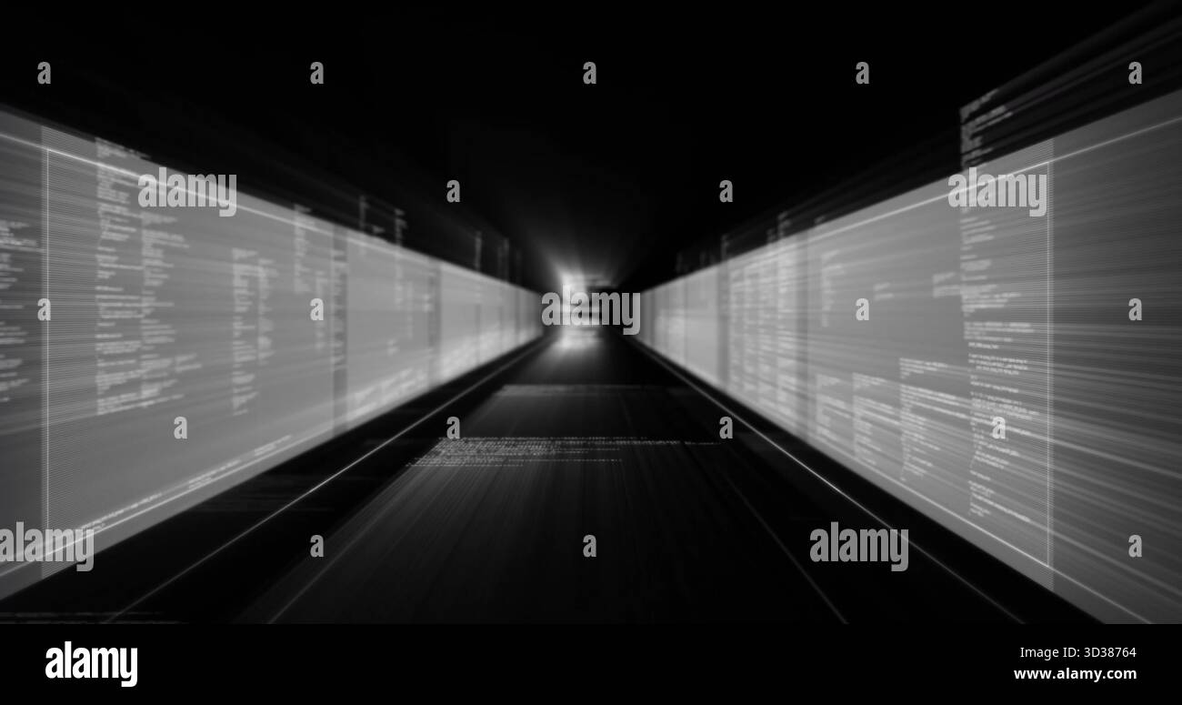 Displaying data tunnel converging on bright center, translucent panels streaming code, light beams Stock Photo