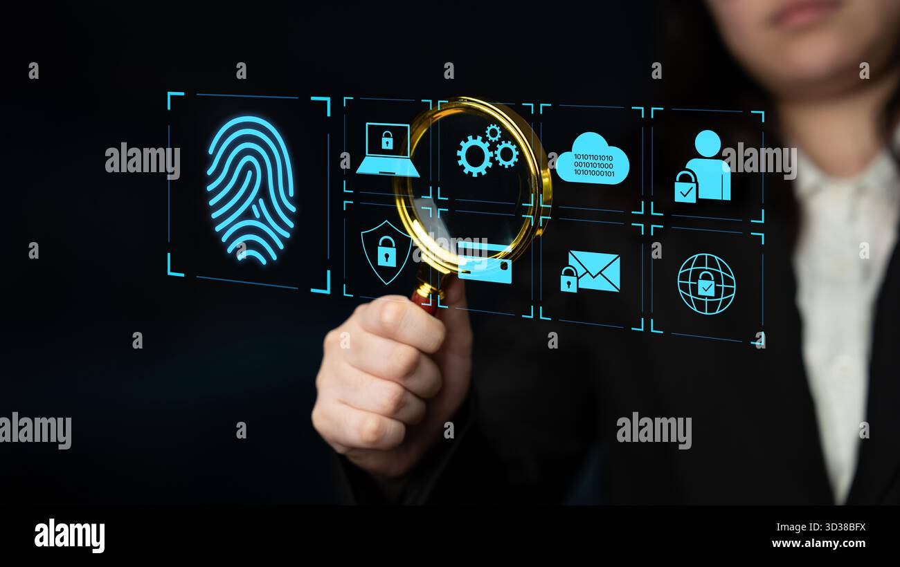 System for safeguarding digital identity using fingerprint authentication, encryption, and secure access protocols across cloud, device, and personal Stock Photo
