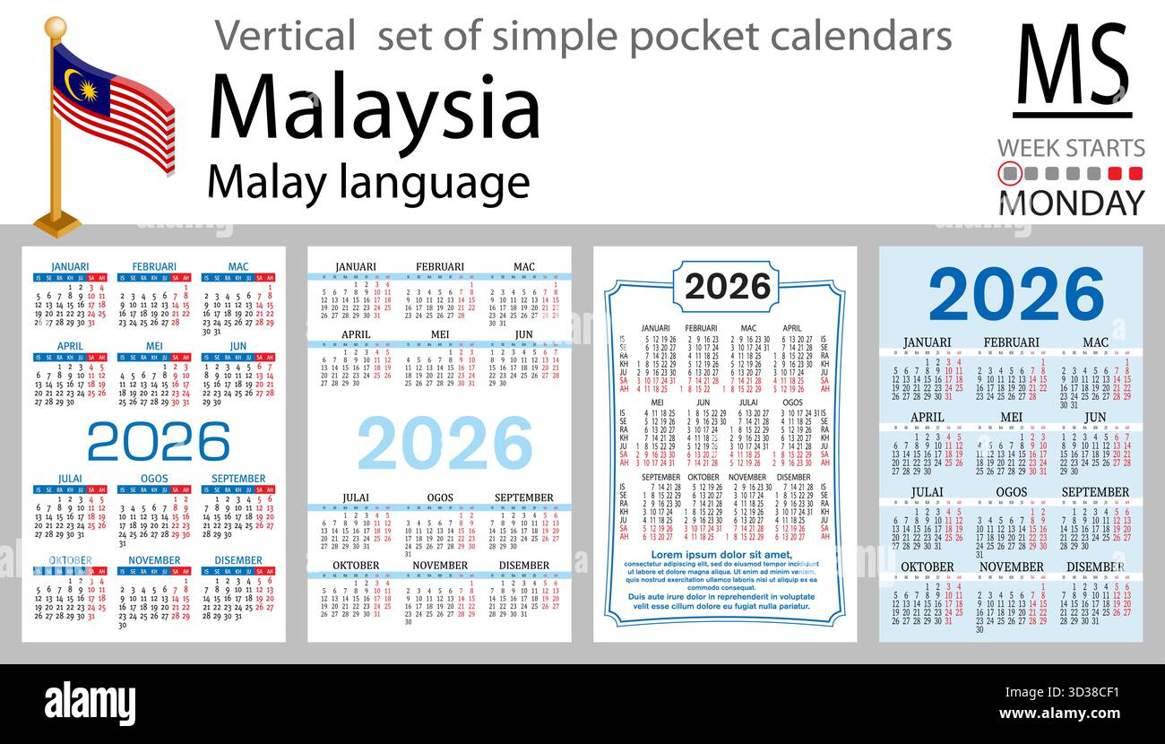 Malaysia vertical Set of pocket calendars for 2026 (Two thousand twenty