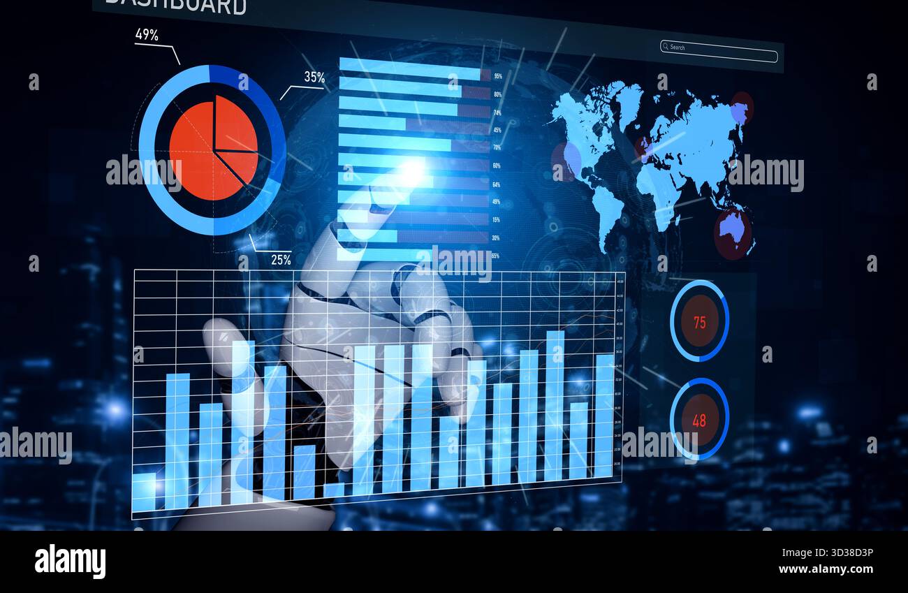 A futuristic data dashboard showcasing interactive graphs, charts, and ...