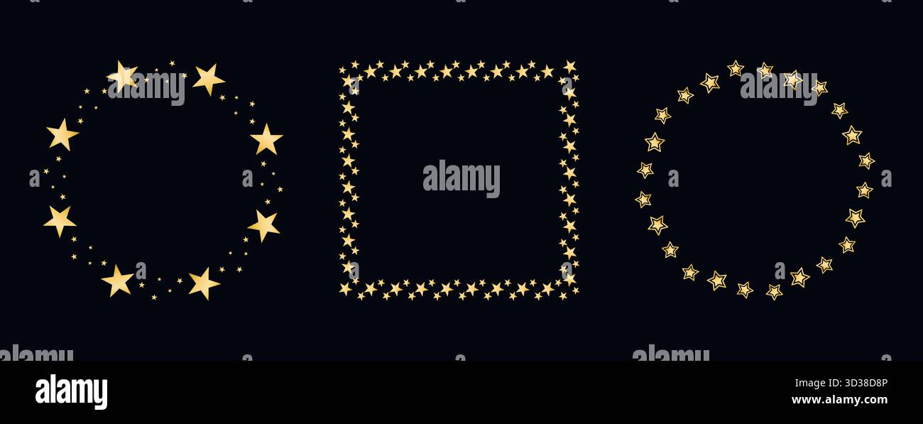 Starry, shining golden frames for holiday designs. Round rims and square shapes. Blank metallic gold borders, vector elements Stock Vector