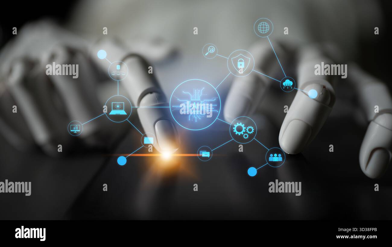 AI powers intelligent networks by linking data, enhancing real-time analytics, securing communication, and improving system efficiency and automation Stock Photo