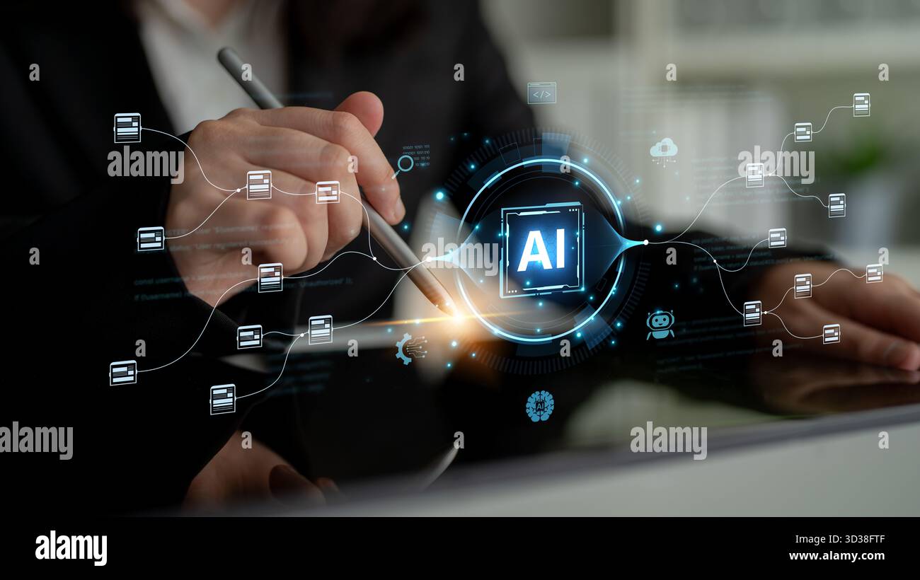 An AI-powered system for automating data workflows. The central intelligence processes and distributes information, managing complex data pipelines as Stock Photo