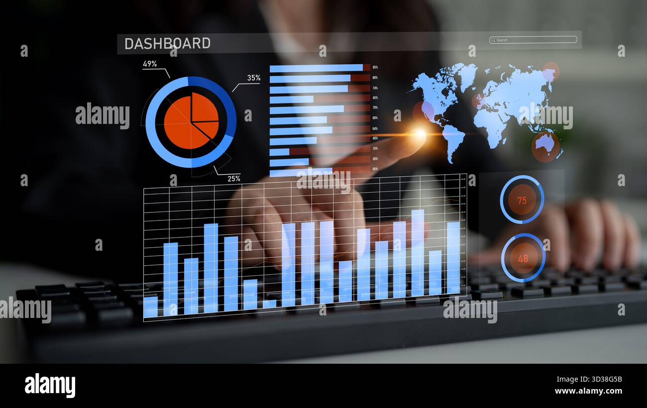 A focused businessperson interacts with a digital dashboard, analyzing various data visualizations and global maps to enhance strategic decision Stock Photo