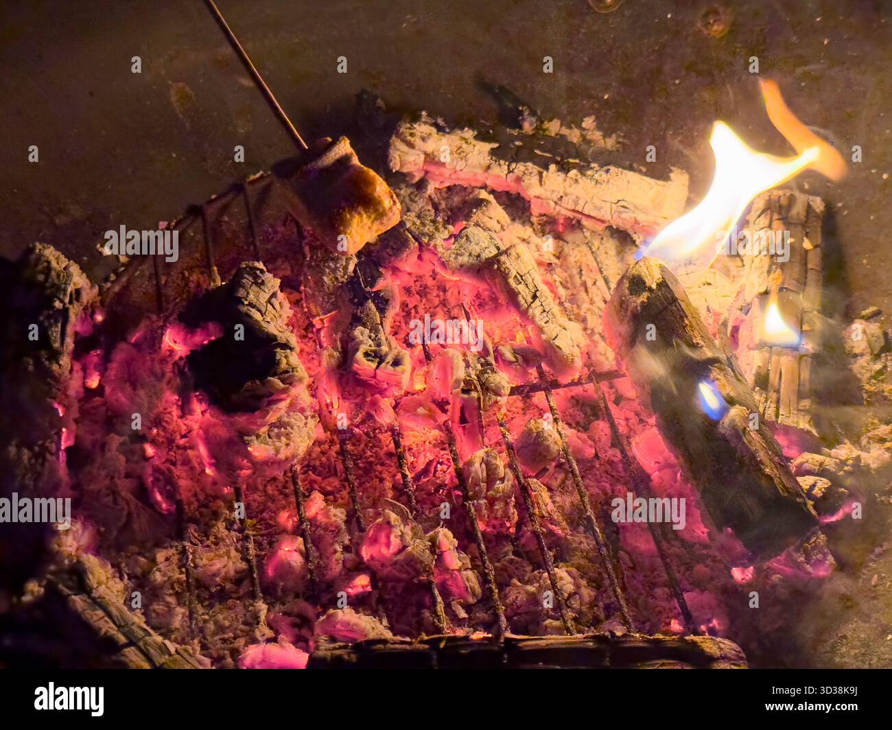 Open fire, burning logs. Background for outdoor cooking, camp kitchen, picnic with bonfire, forest school - Smartphone Captured Stock Image