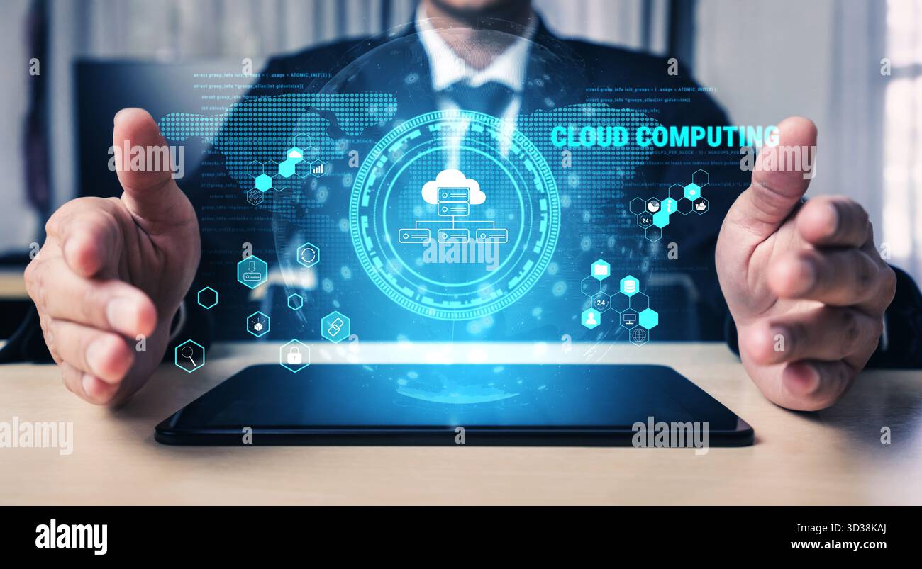Global cloud computing platform providing services for software development. A worldwide network for data storage, security, and application hosting Stock Photo