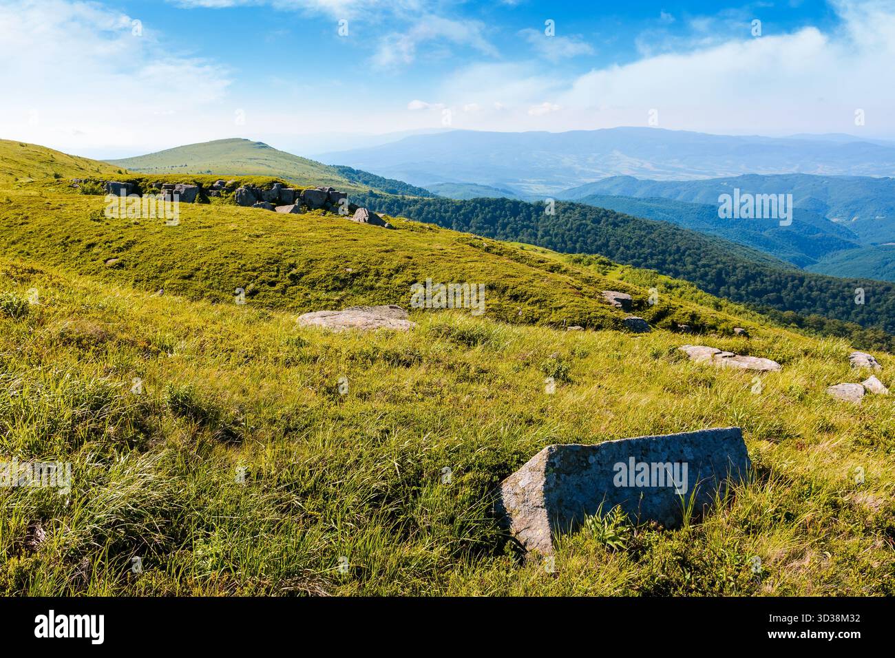 green alpine meadows in carpathian mountains of ukraine in summer. stones on grassy hills. popular travel destination for photo on a sunny morning. be Stock Photo