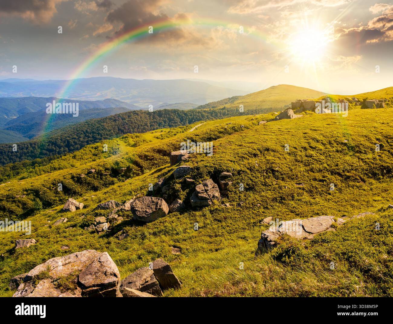 green alpine meadows in mountains in summer at sunset. stones on grassy hills in evening light. popular travel destination for photo. storytelling ima Stock Photo