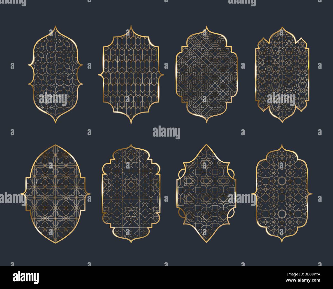 Golden islamic window frames set isolated on black background. Vector ...