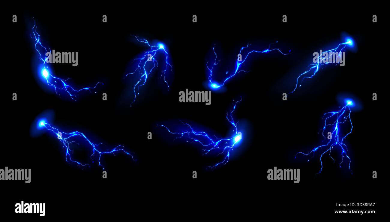 Blue lightning bolts set isolated on black. Vector realistic ...