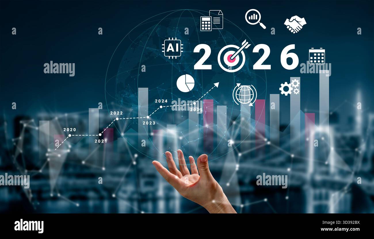 Bar graphs, charts, and number 2026 with AI and data analysis icons ...