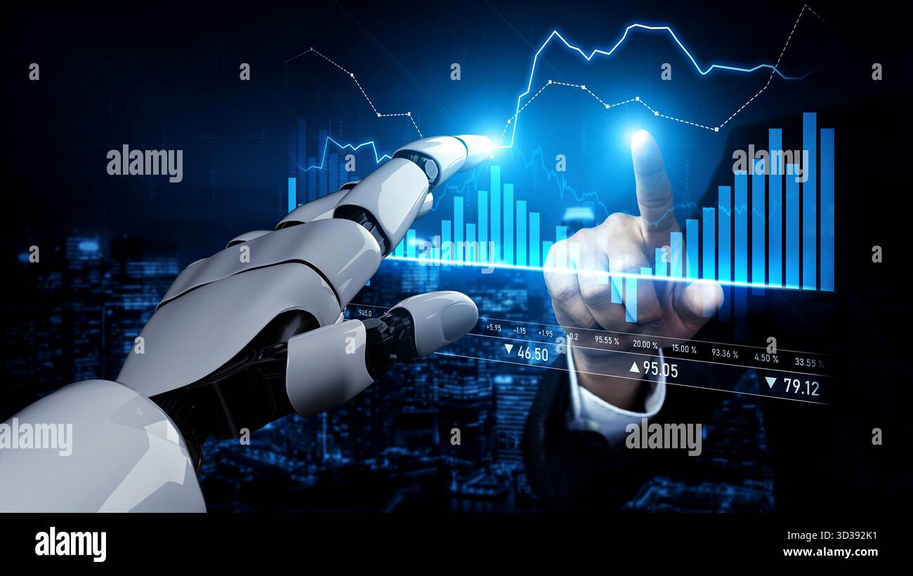 A futuristic scene featuring a robotic hand and a human hand engaging with dynamic data charts, illustrating the intersection of human expertise and Stock Photo