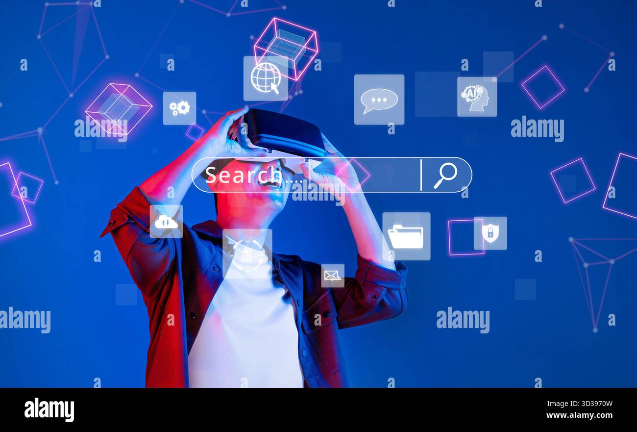 A user wearing a VR headset interacts with a virtual interface showcasing search engine optimization concepts, highlighting digital marketing and Stock Photo