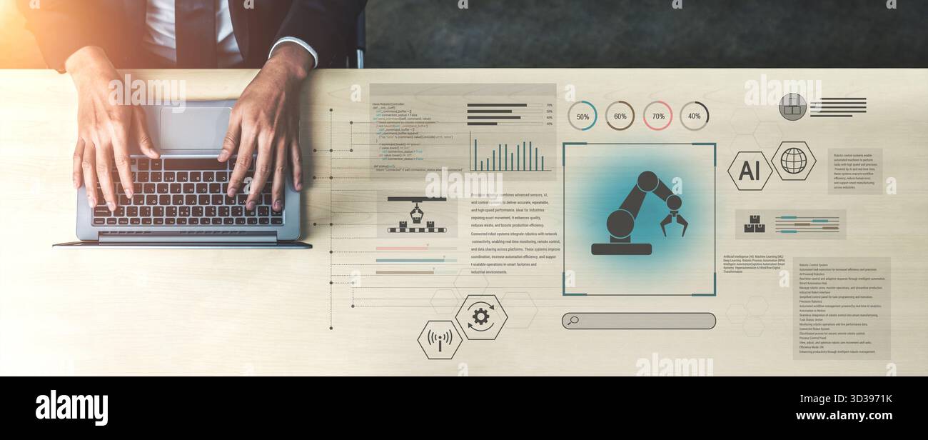 Robotic process automation enhances industrial efficiency through AI integration, intelligent control, and data-driven automation, improving workflow Stock Photo