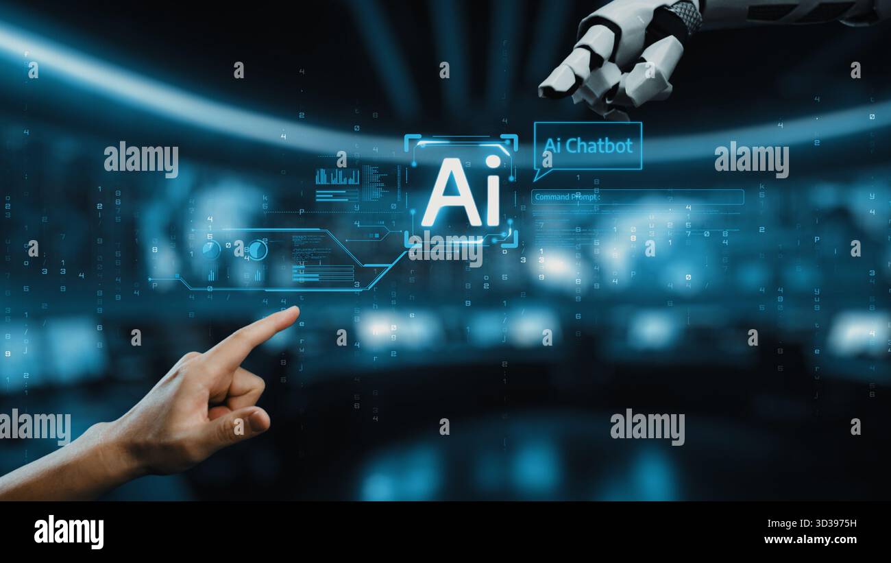 This image showcases a futuristic AI chatbot interface featuring a robotic hand reaching toward a display, emphasizing human-technology interaction Stock Photo