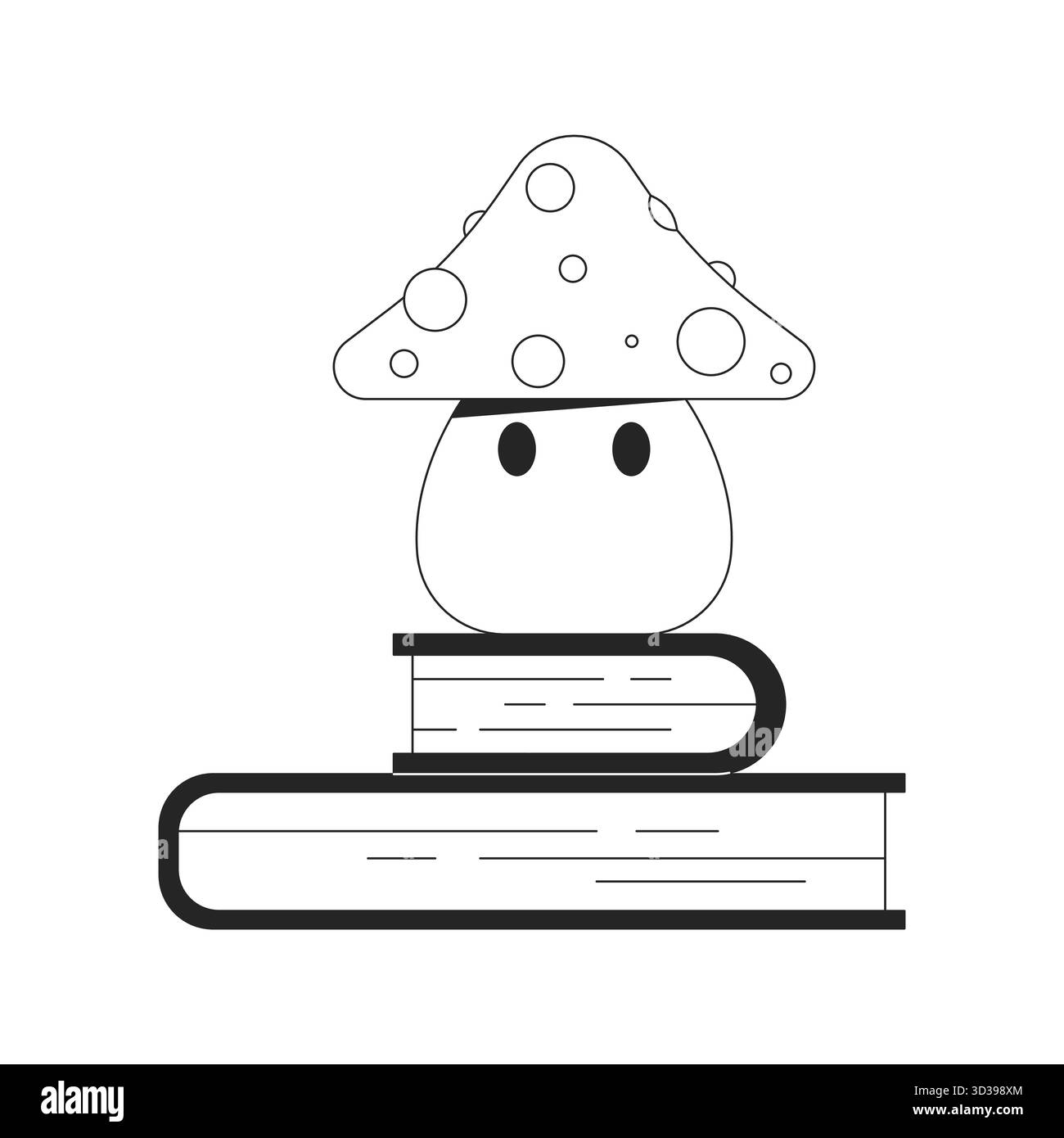 Cute mushroom character on books stack 2D line object Stock Vector