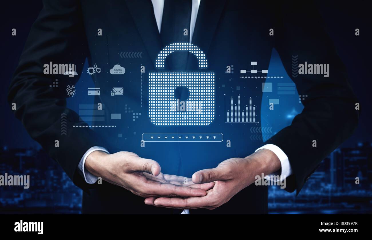 Cybersecurity protection system showing password encryption, fingerprint ID, cloud security, email, credit card, and database lock for secure data Stock Photo