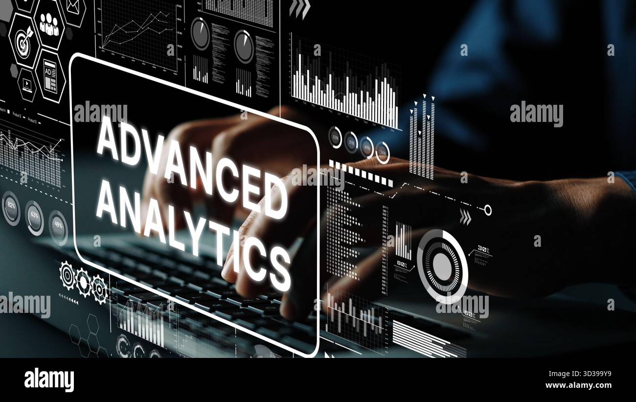 Hands Typing on Keyboard with Advanced Analytics Data Visualization and ...