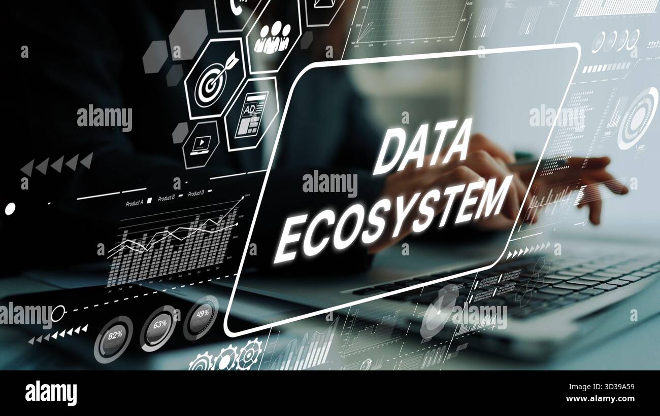 Modern Data Ecosystem with Digital Graphics Showcasing Data Analytics and Technology Concepts. Asymptotic smart data analytic. Stock Photo