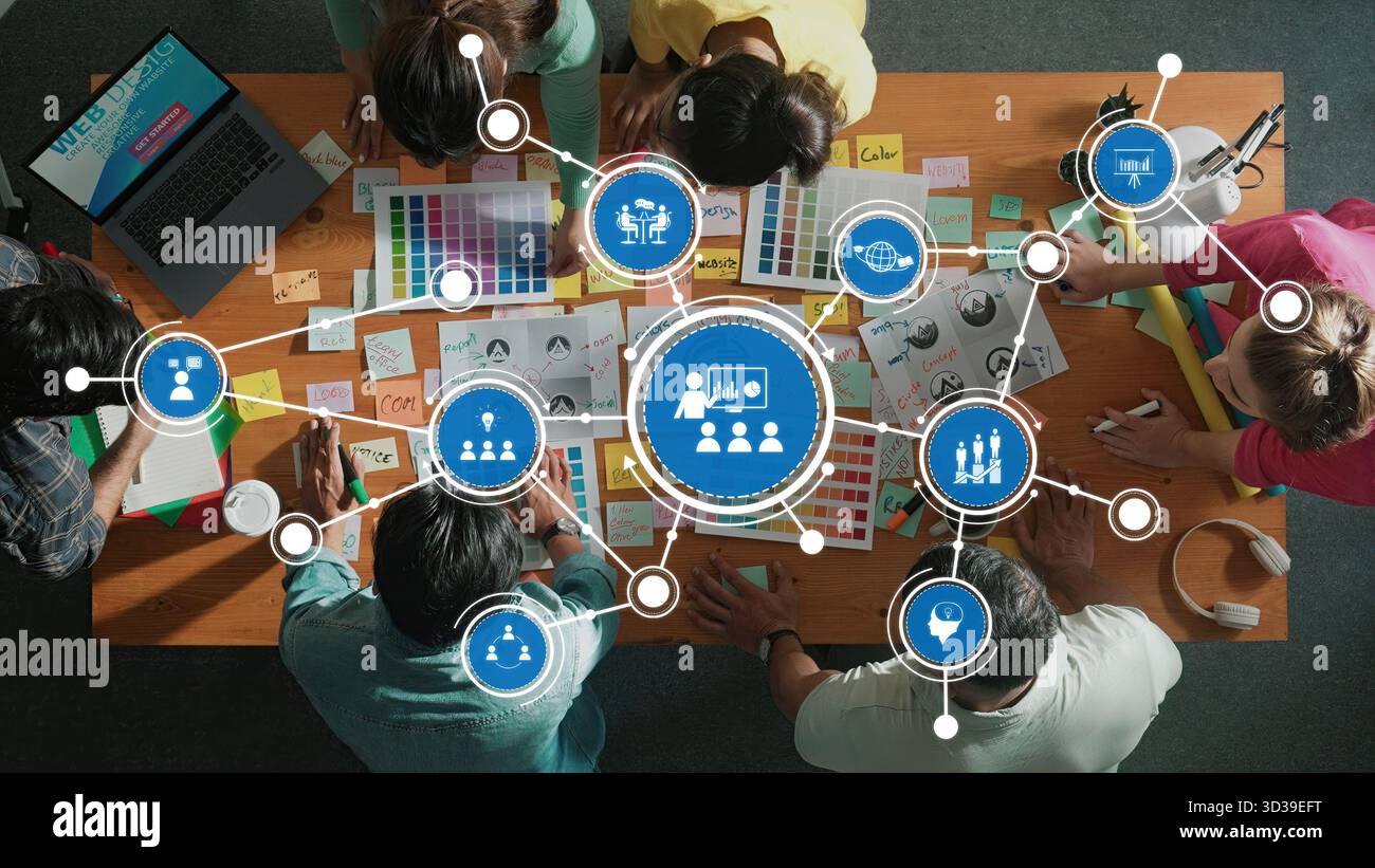 Collaborative Creative Session with Designers Engaging in Teamwork, Brainstorming, and Workflow Visualization. Amity Stock Photo