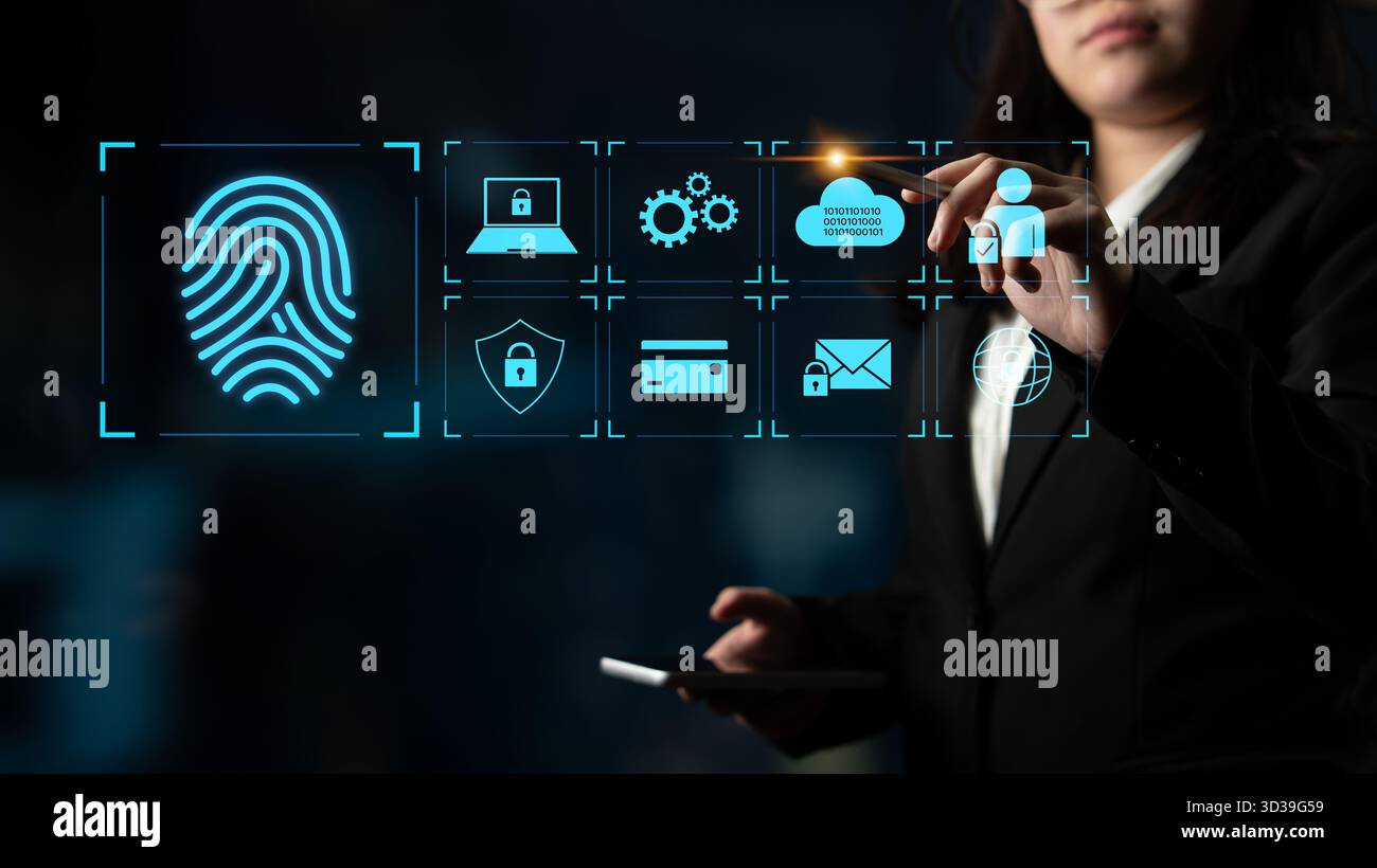 System for safeguarding digital identity using fingerprint authentication, encryption, and secure access protocols across cloud, device, and personal Stock Photo