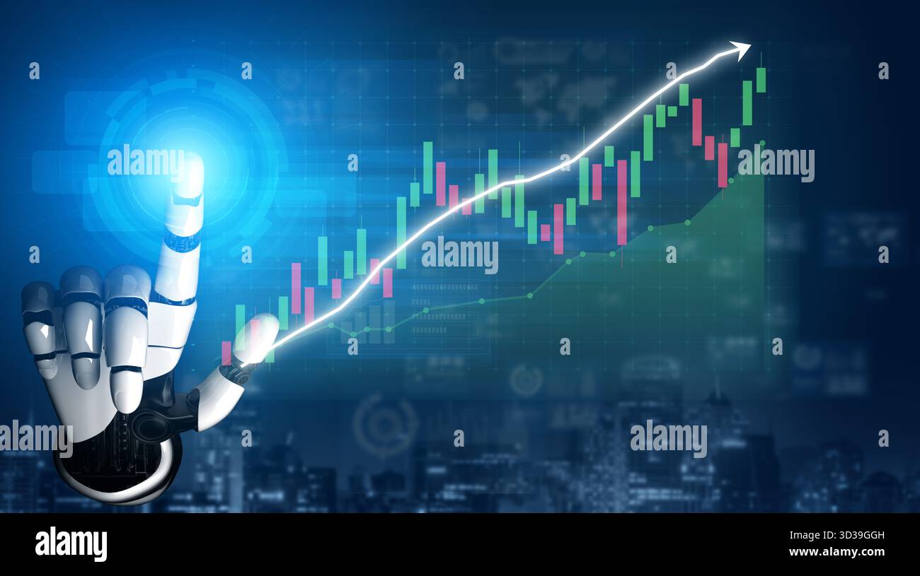 A futuristic robotic hand interacts with ascending financial graphs and ...