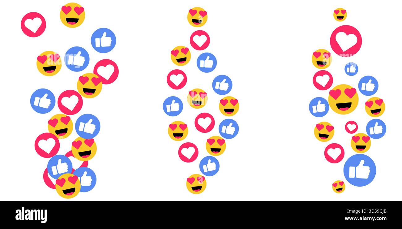 Vector flying red love hearts stream social media emoji icons pattern ...