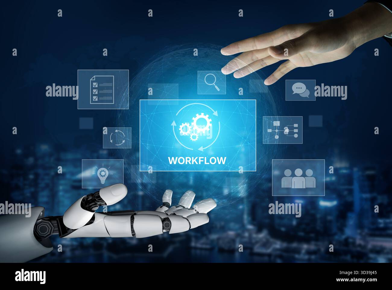 AI streamlines business workflows by automating repetitive tasks, enhancing team coordination, and optimizing structured processes for greater Stock Photo