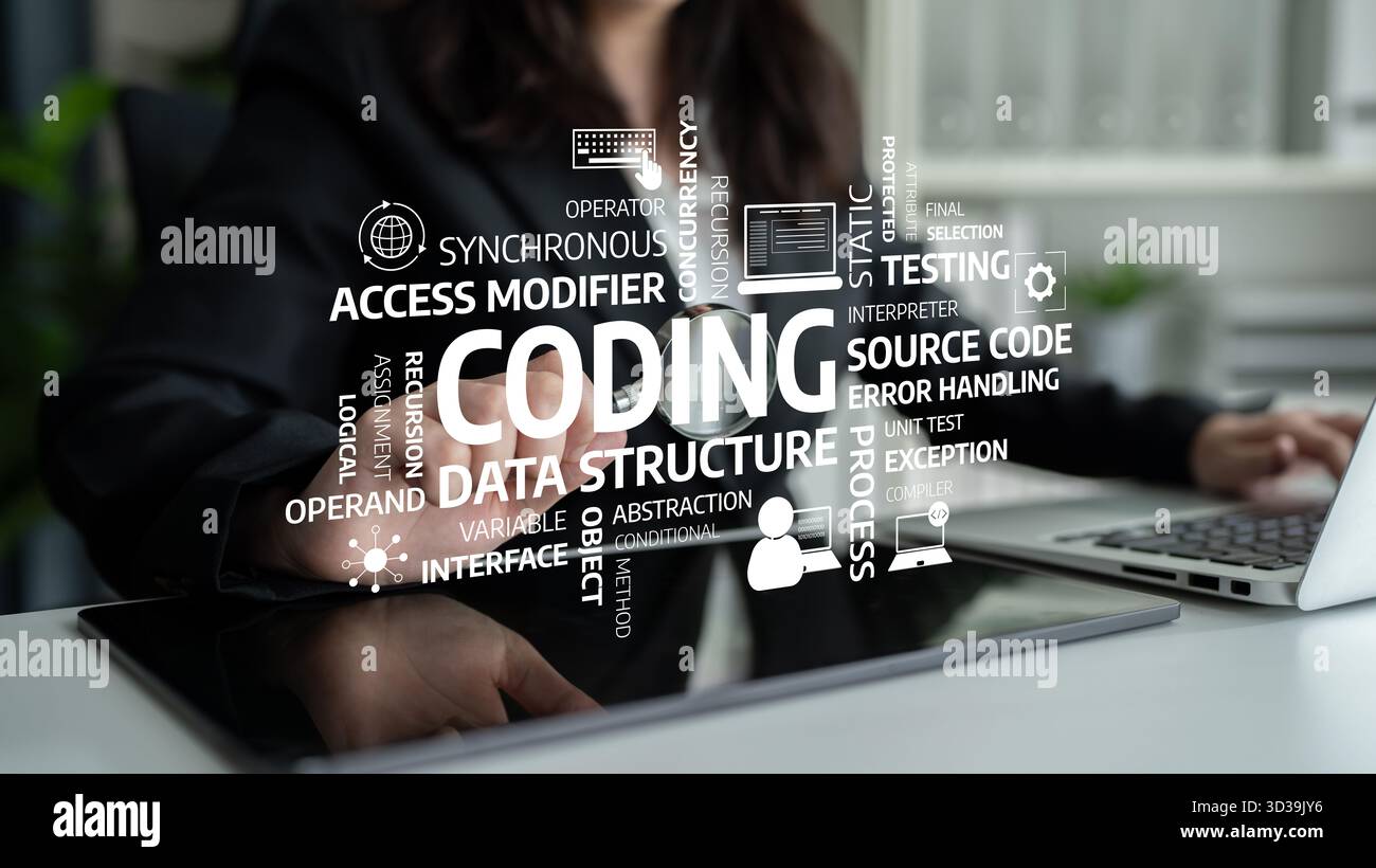 A programmer focuses on software development amid visual representations of coding concepts like data structure and error handling, showcasing a Stock Photo